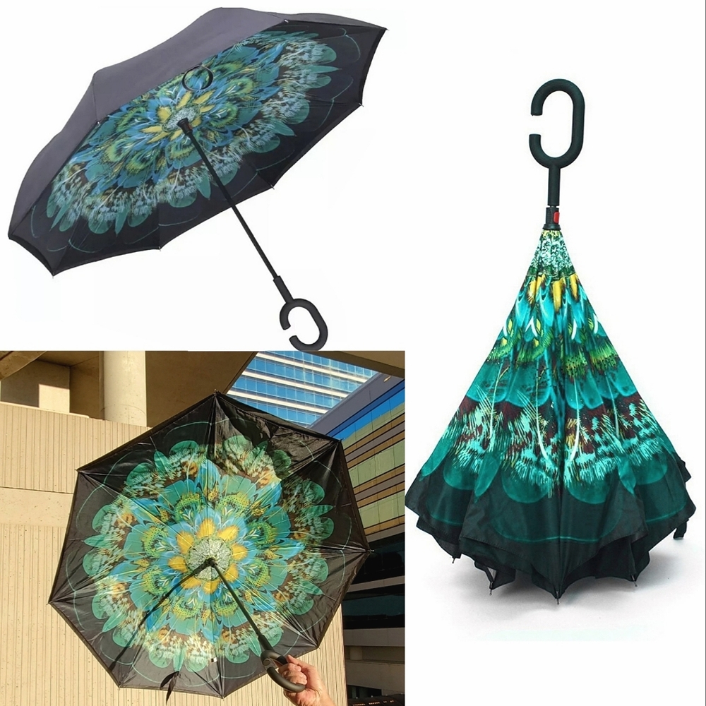 Peacock Feather Design Inverted C Handle Umbrella